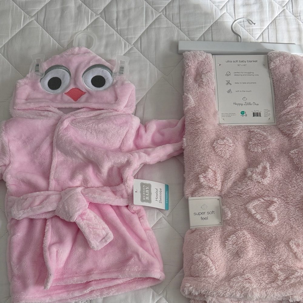 Pink Owl Kids bathrobe and blanket set 0-9months